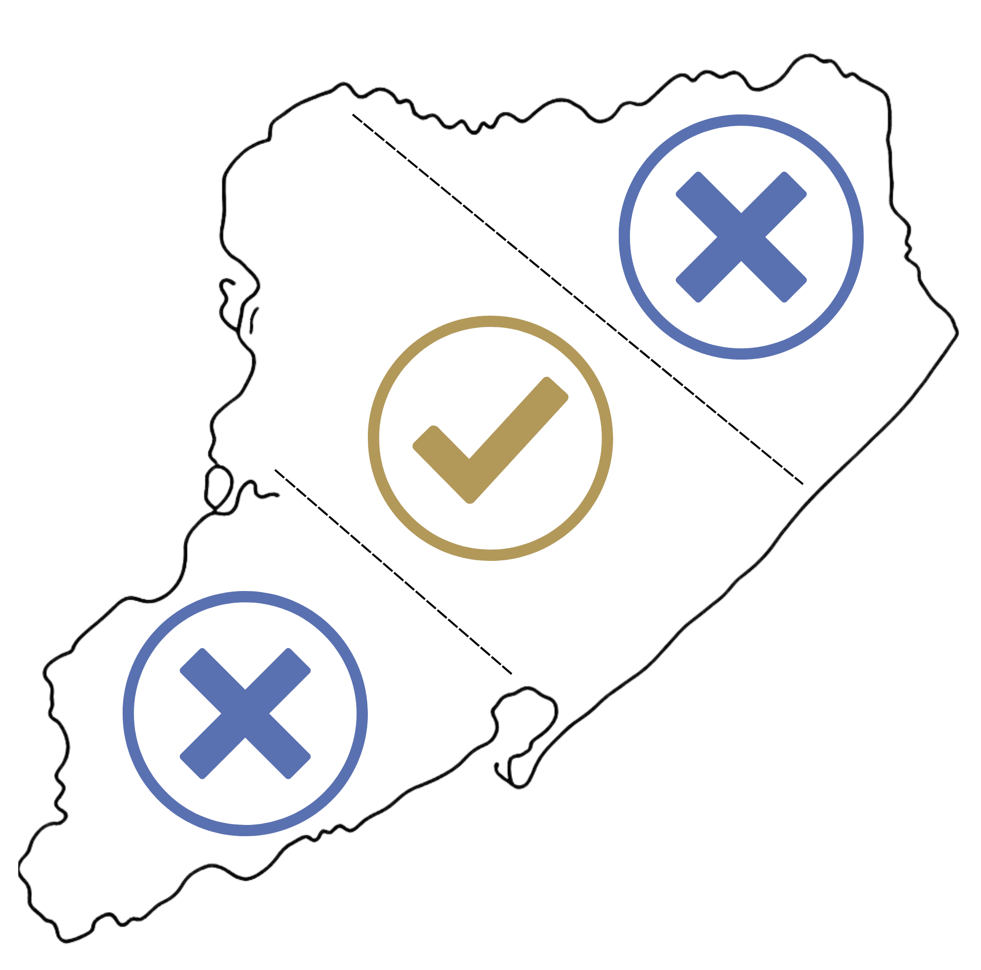 Staten Island map with mid-island highlighted in gold and the north + south shores marked with blue X